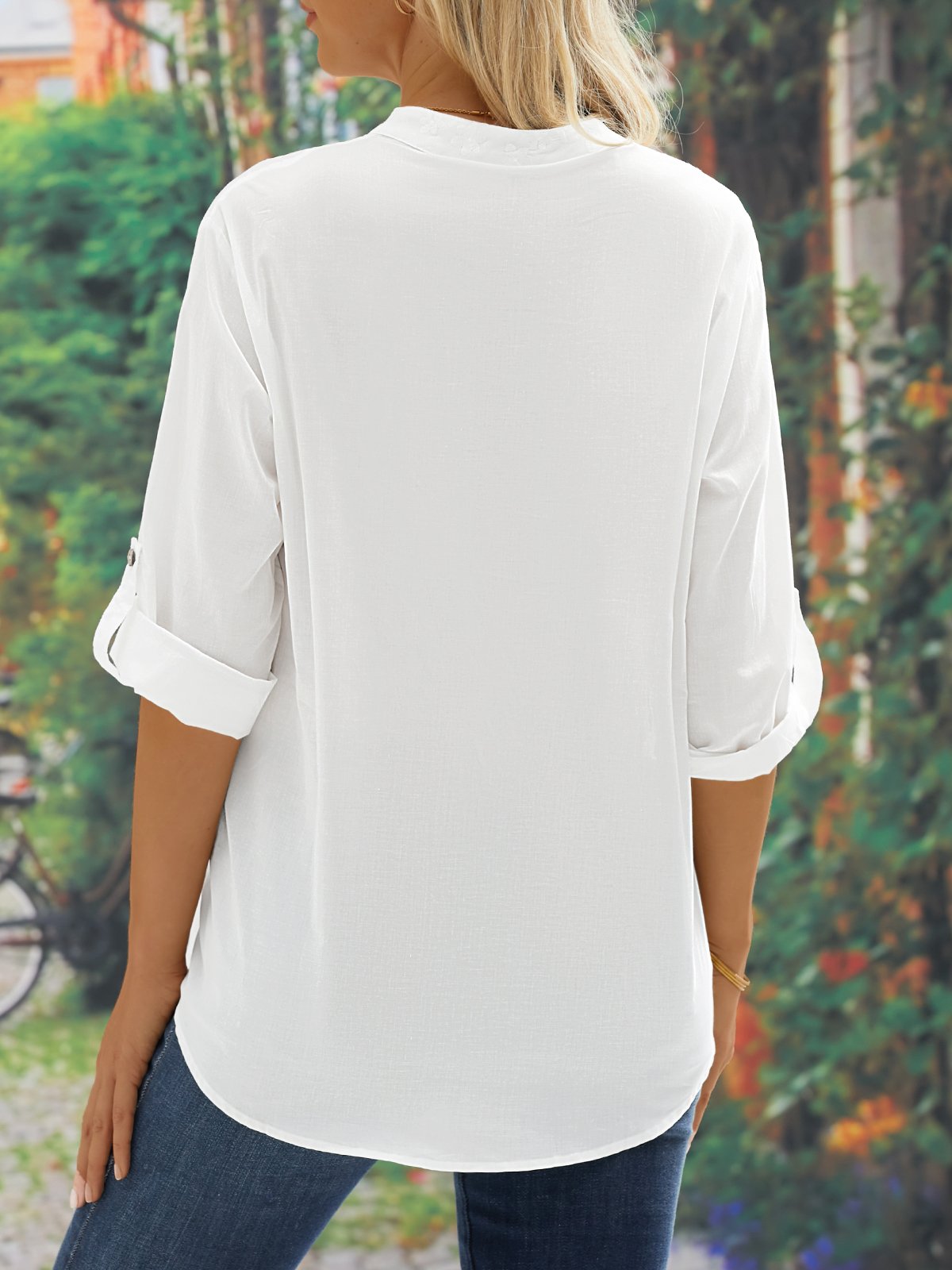 Hemdkragen Langarm Unifarben Geknöpft Regelmäßig Weit Tunika Bluse für Damen