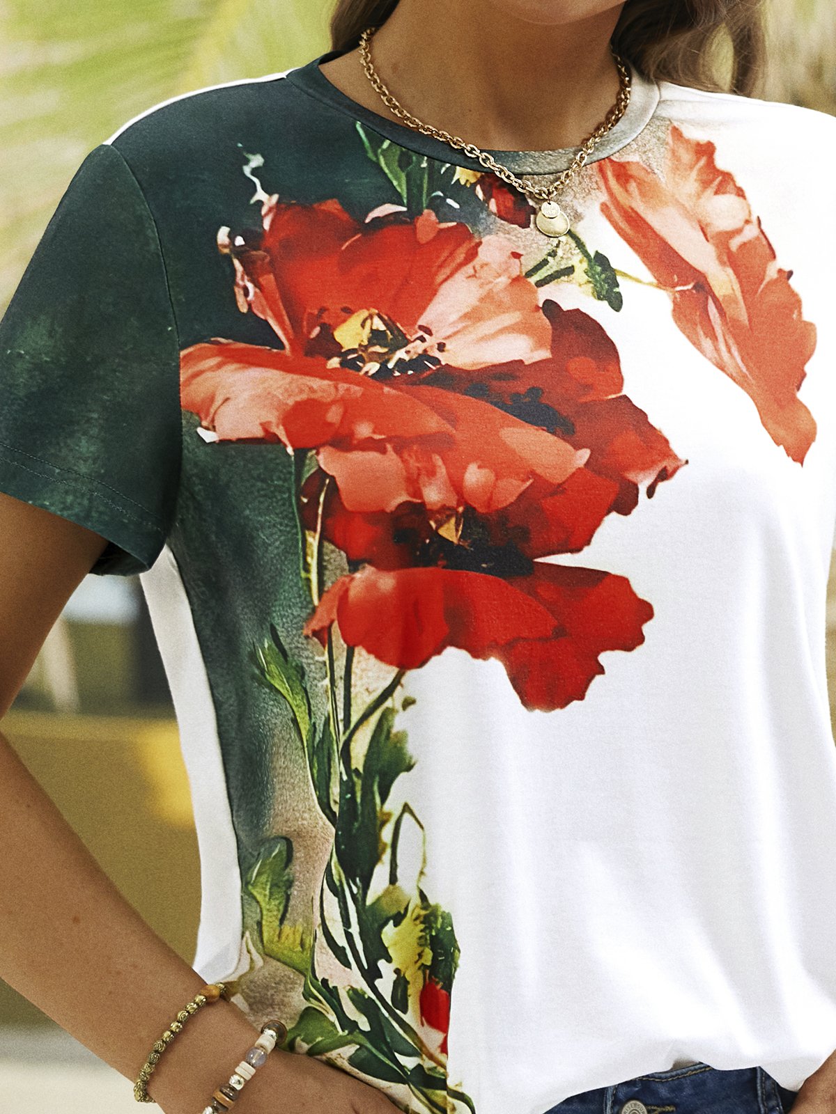 Blumenmuster  T-Shirt Jersey Rundhals Lässig Kurzarm Noracora