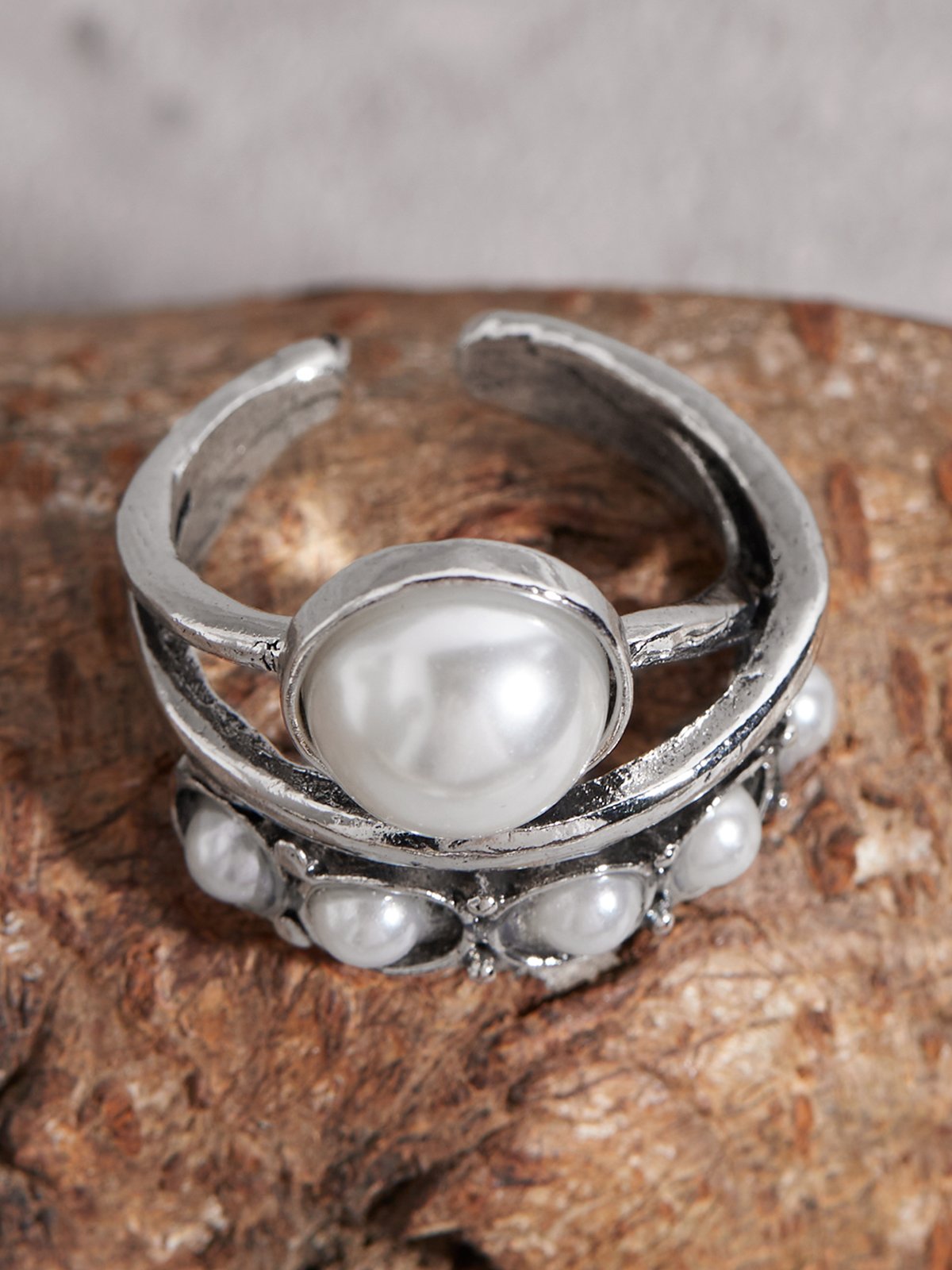 Retro Silber betrübt Perle Öffnen Ring