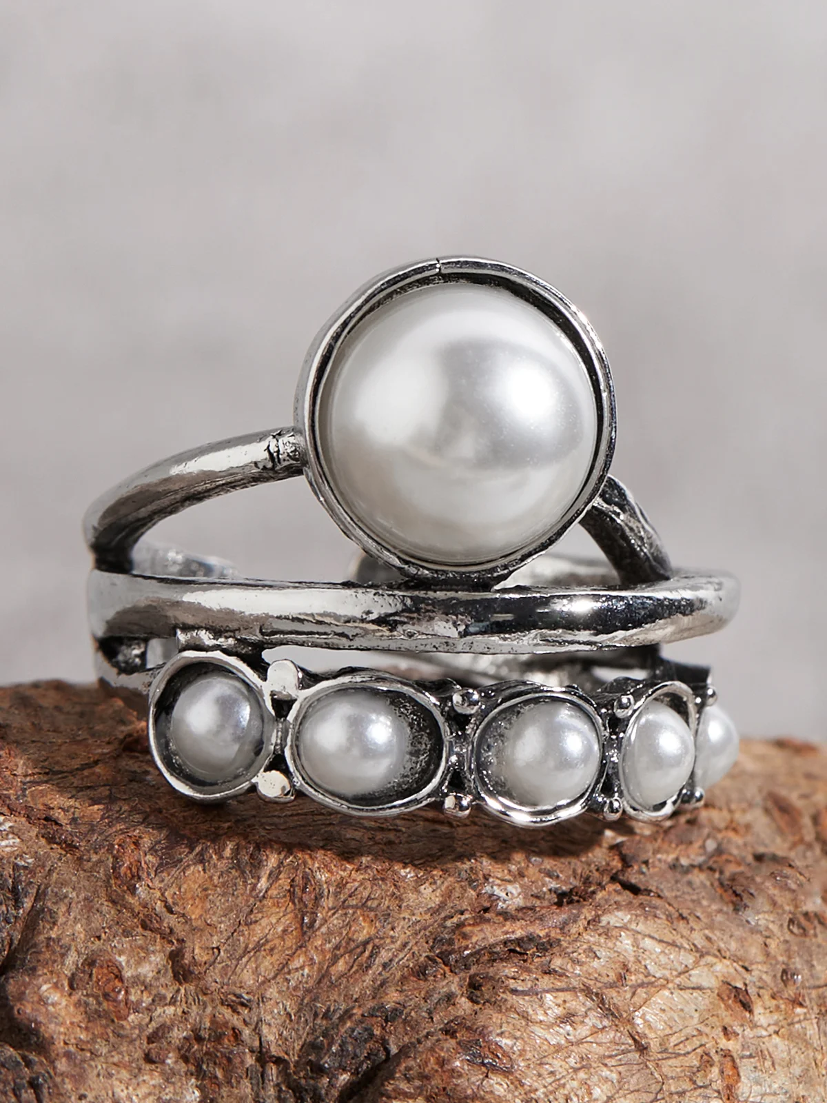 Retro Silber betrübt Perle Öffnen Ring