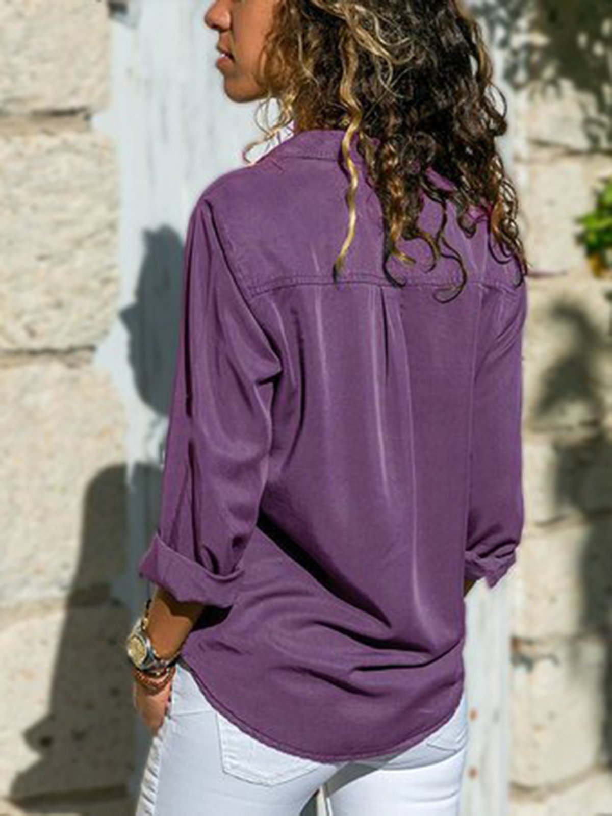 Damen Fashion mit Reverskragen Unifarben V-Ausschnitt Langarm Bluse