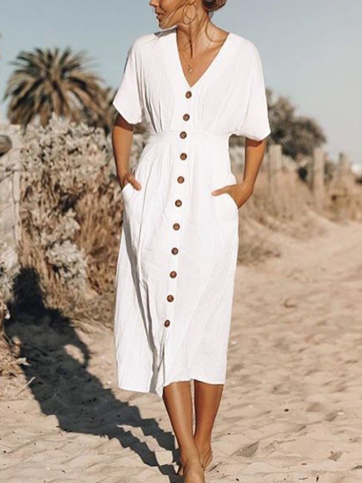 Reine Farbe Midikleid V-Ausschnitt Kurzarm Strandkleid Urlaub Noracora
