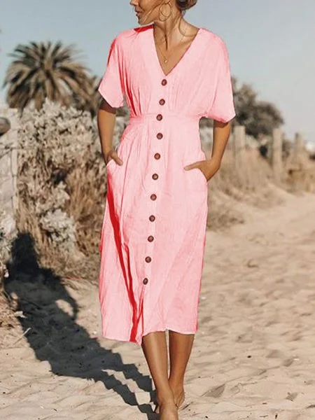 Reine Farbe Midikleid V-Ausschnitt Kurzarm Strandkleid Urlaub Noracora