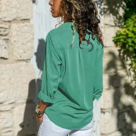 Damen Fashion mit Reverskragen Unifarben V-Ausschnitt Langarm Bluse