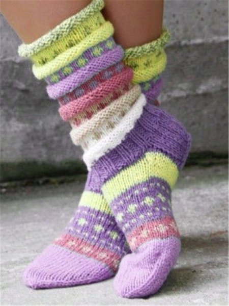 Lila Farbblock Warme Winter Wolle/Stricken Socken Leggings Dicke Socken Wintersocken Kuschelsocken 