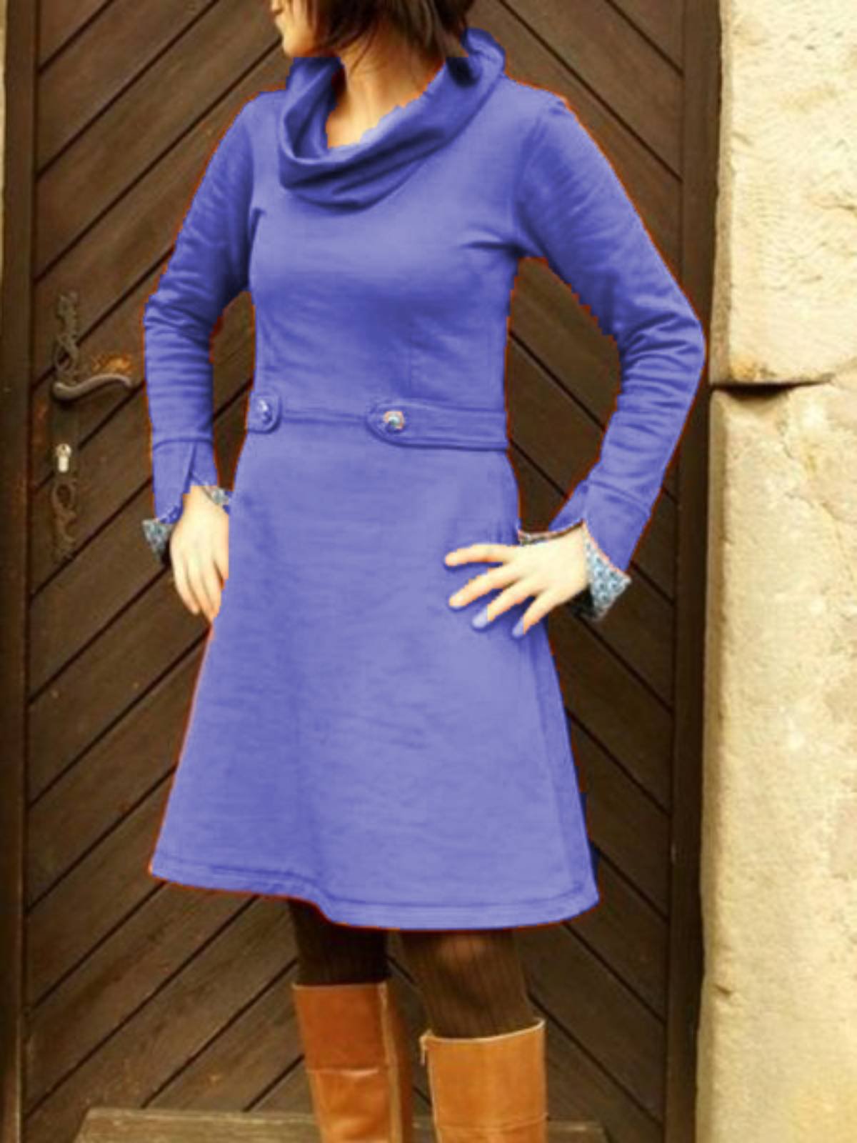 Baumwollgemische Einfarbige Kleider mit Langarm