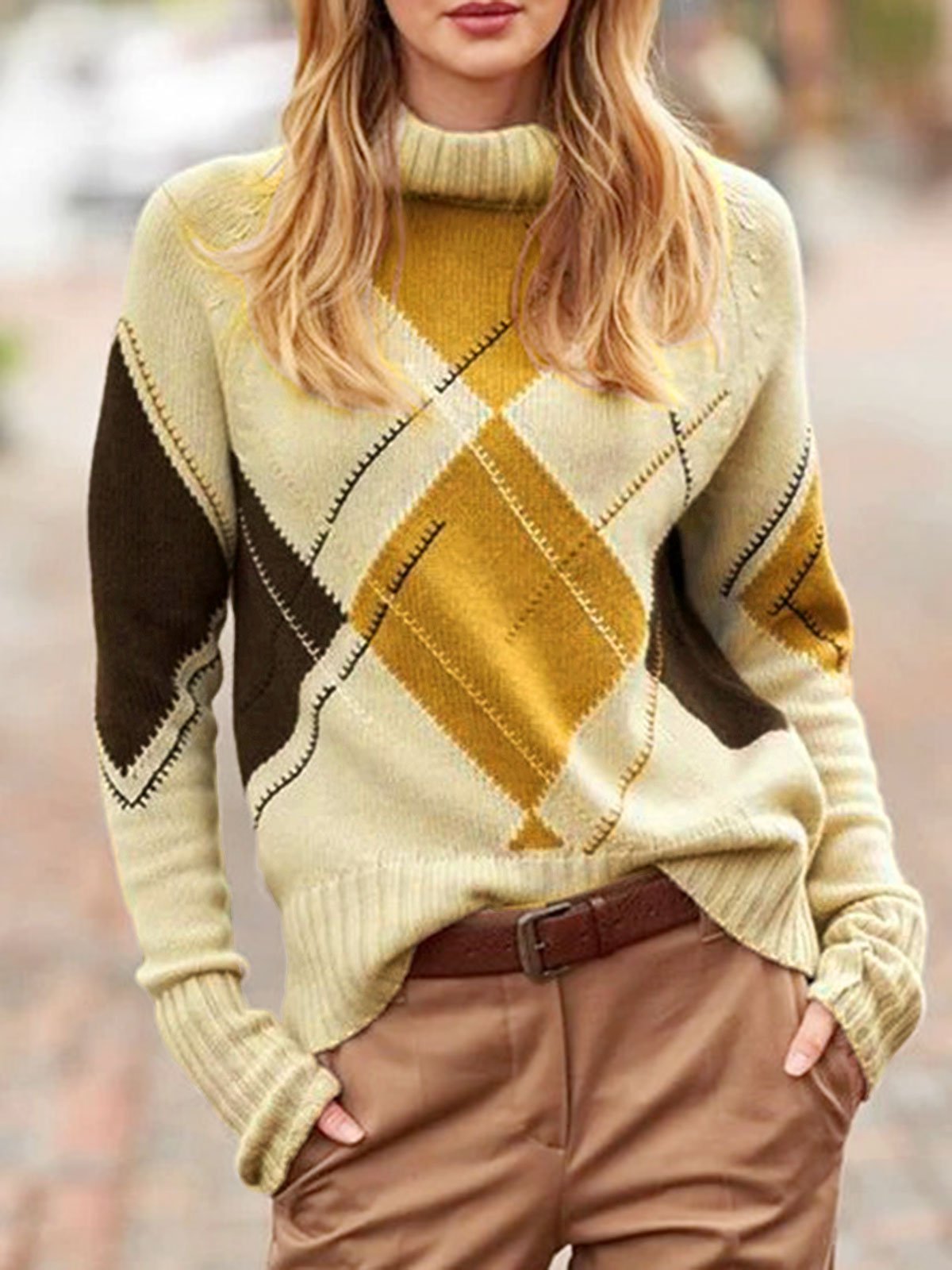 Langarm Baumwollgemischer Pullover mit Geometrischem Muster