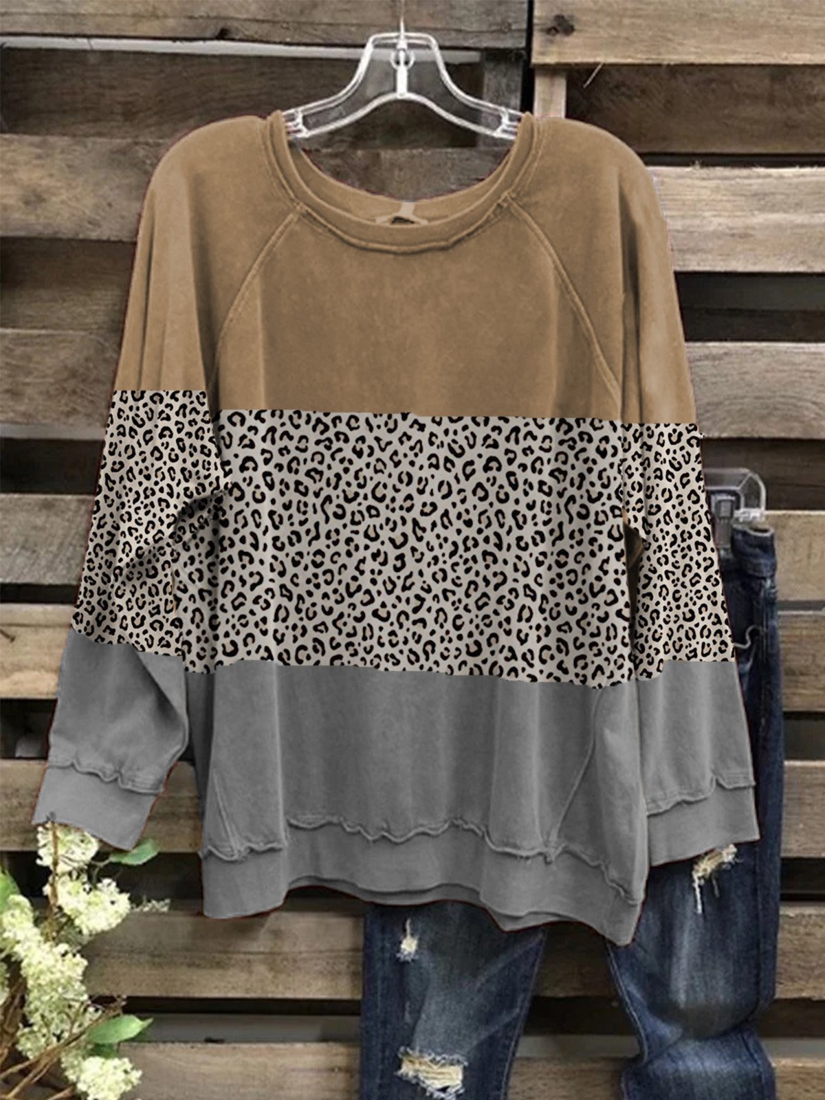 Leopard Langarm Rundhals Shirts & Blusen