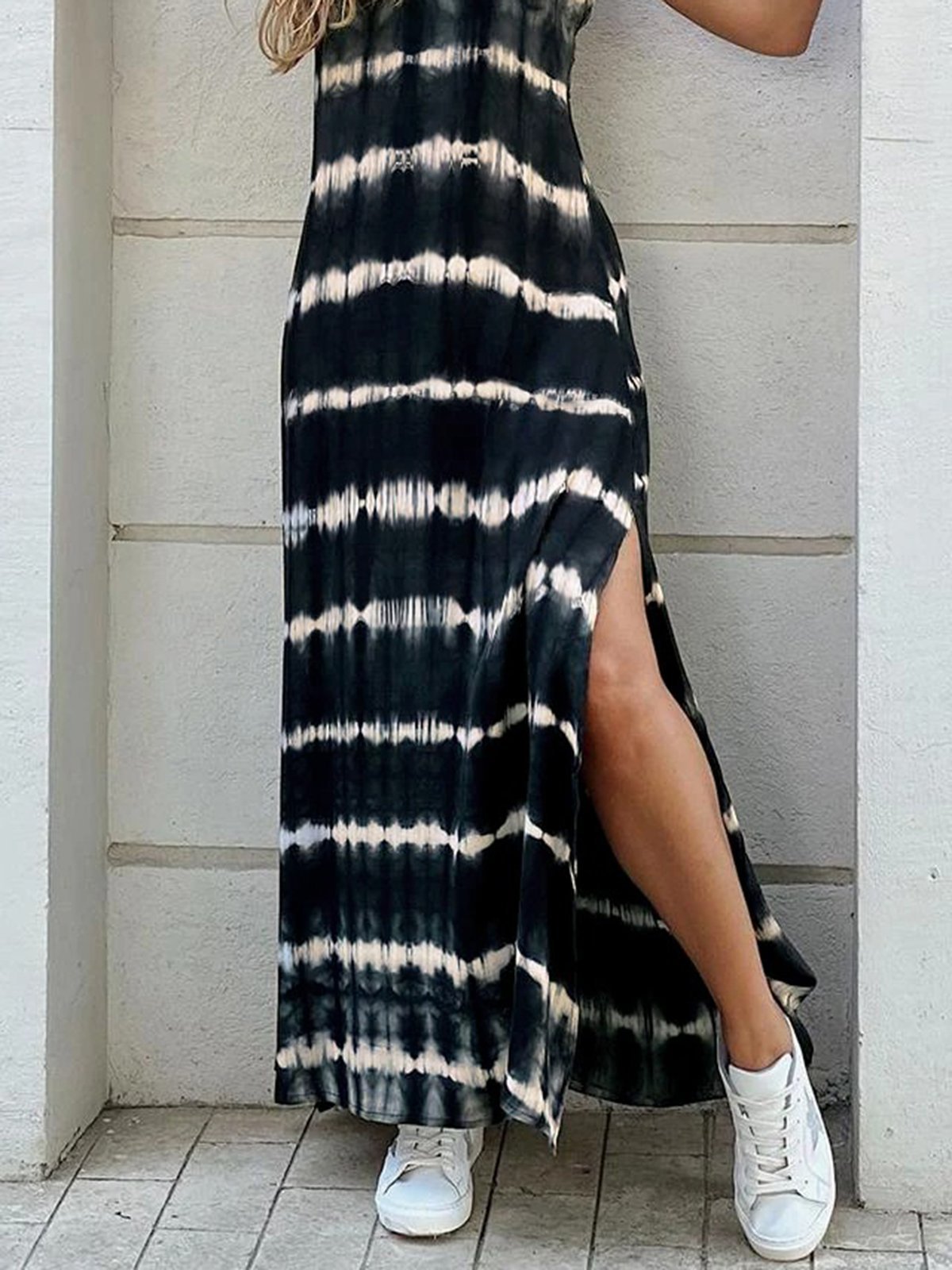 Batik Print Urlaub Kleider mit Schlitz V-Ausschnitt