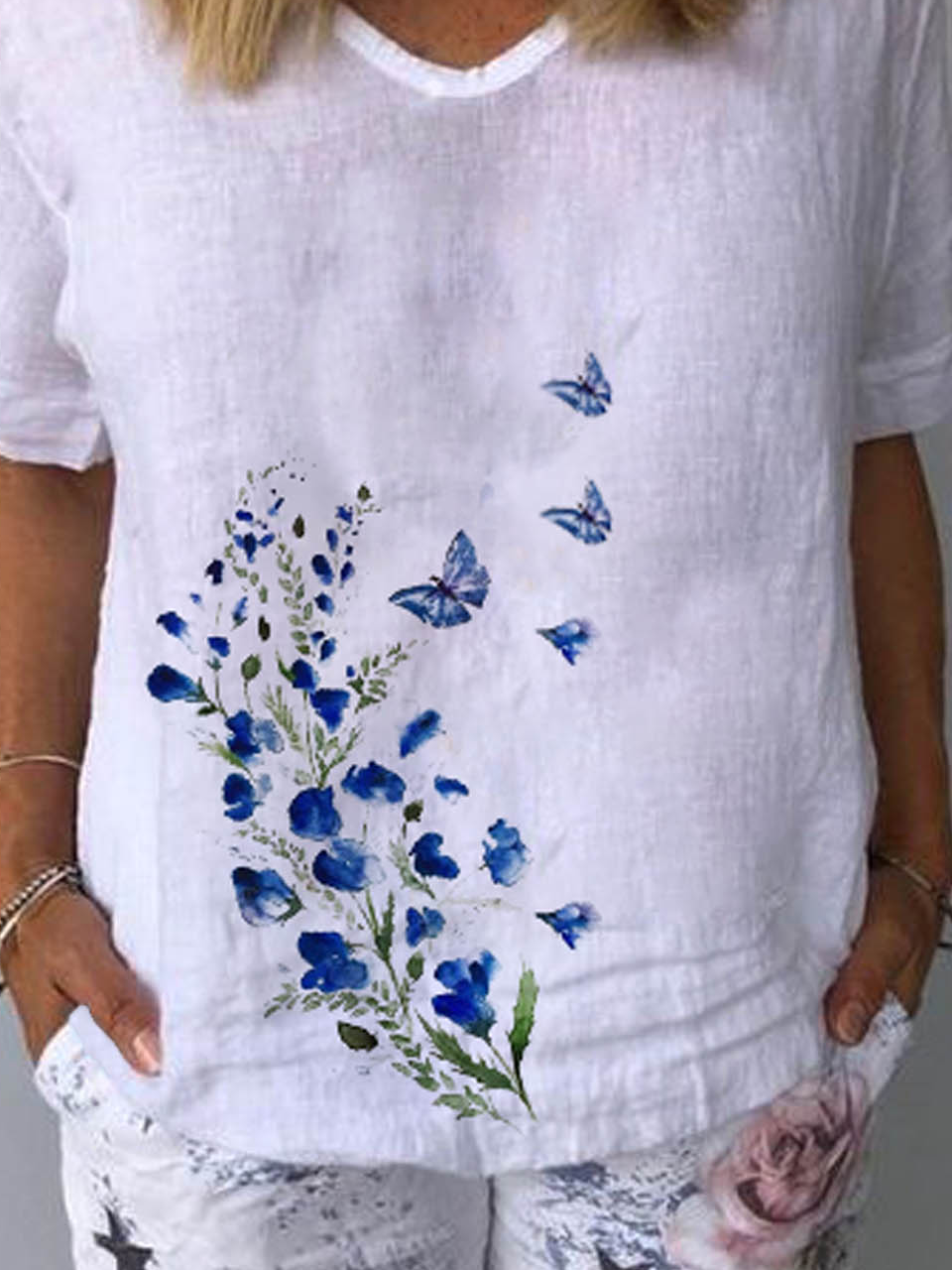 Leinen Blumenmuster Baumwolle Lässig Locker V-Ausschnitt Kurzarm Blusen & Shirts