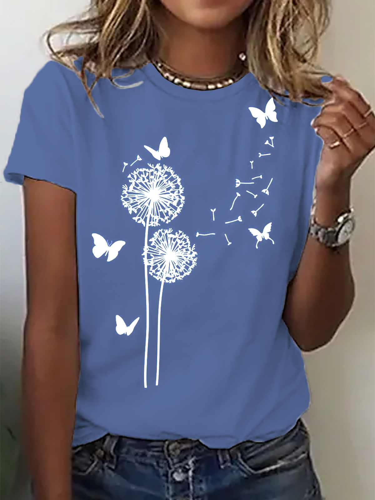 Kurzärmeliges Löwenzahn Print T-Shirt mit Rundhals Lässig für Alltag Noracora