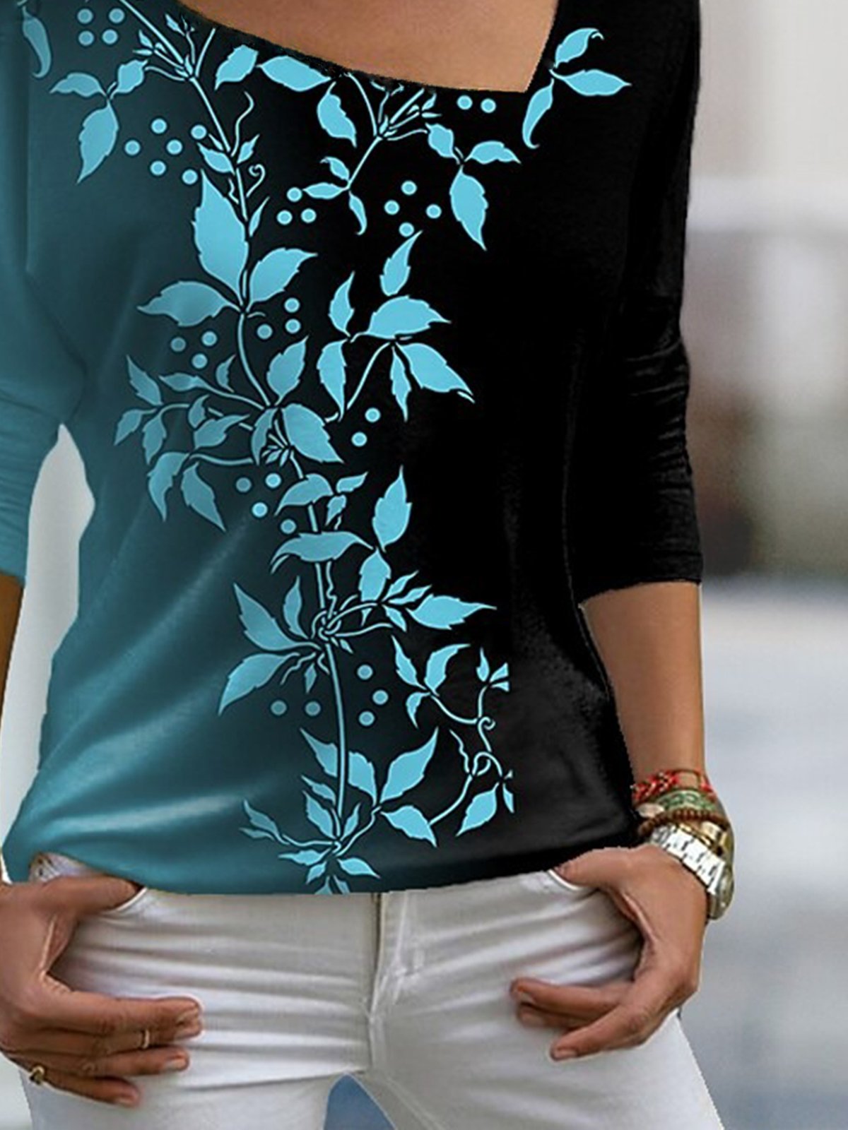 Blätter Muster Shirt asymmetrisch Kragen Jersey Langarm Noracora