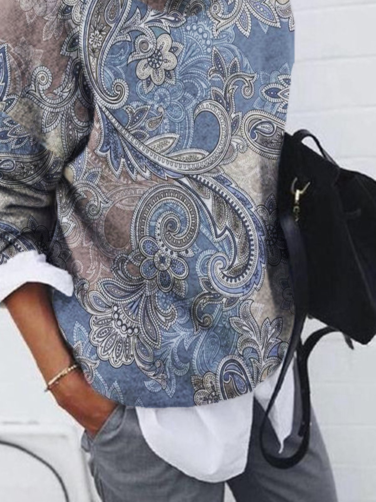 Paisley Print Shirt Ethnischer Stil Mikro-Elastizität Langarm Noracora