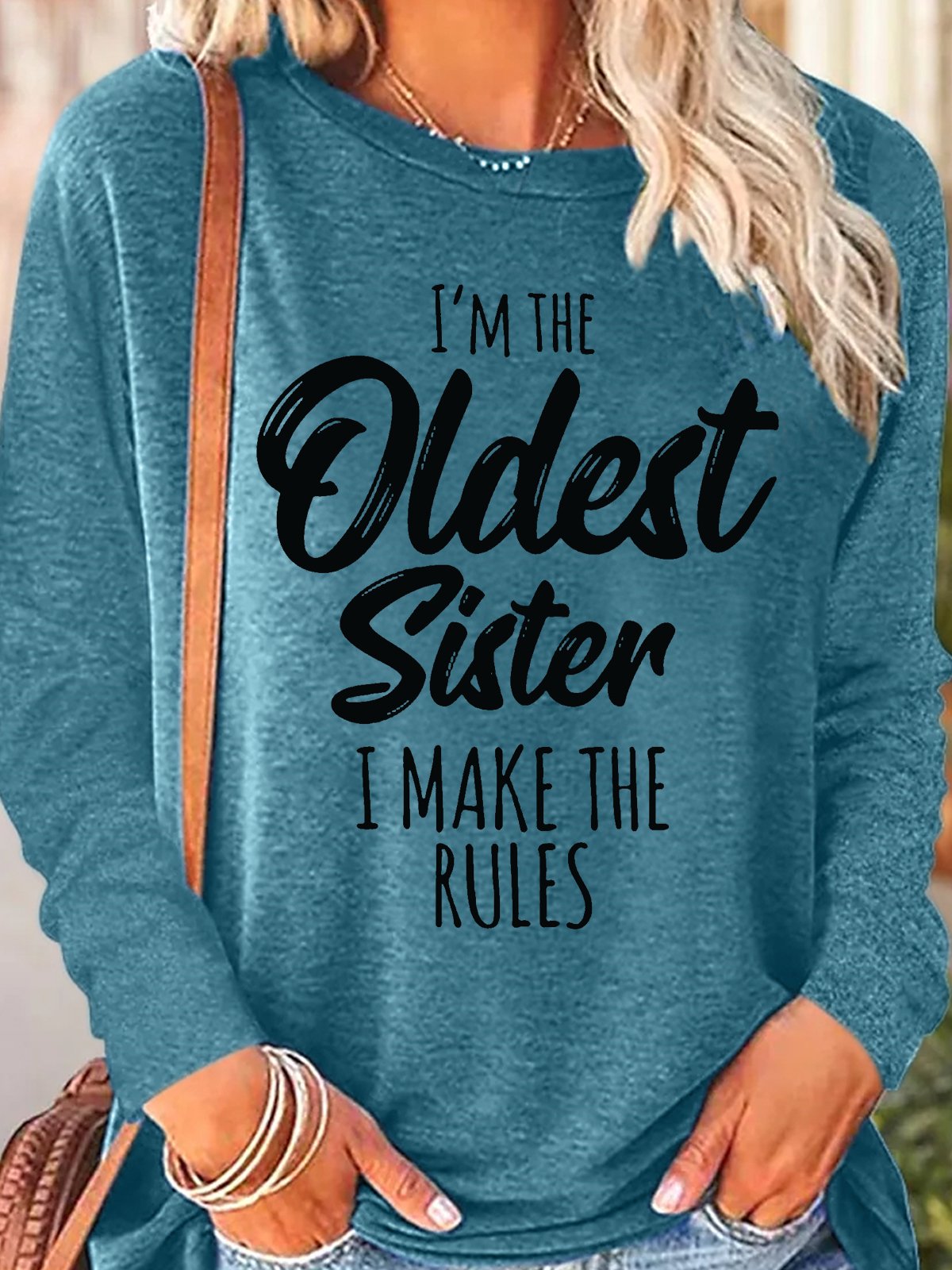 Rundhals Langarm Textbriefe Regelmäßig Mikroelastizität Regelmäßige Passform Bluse für Damen
