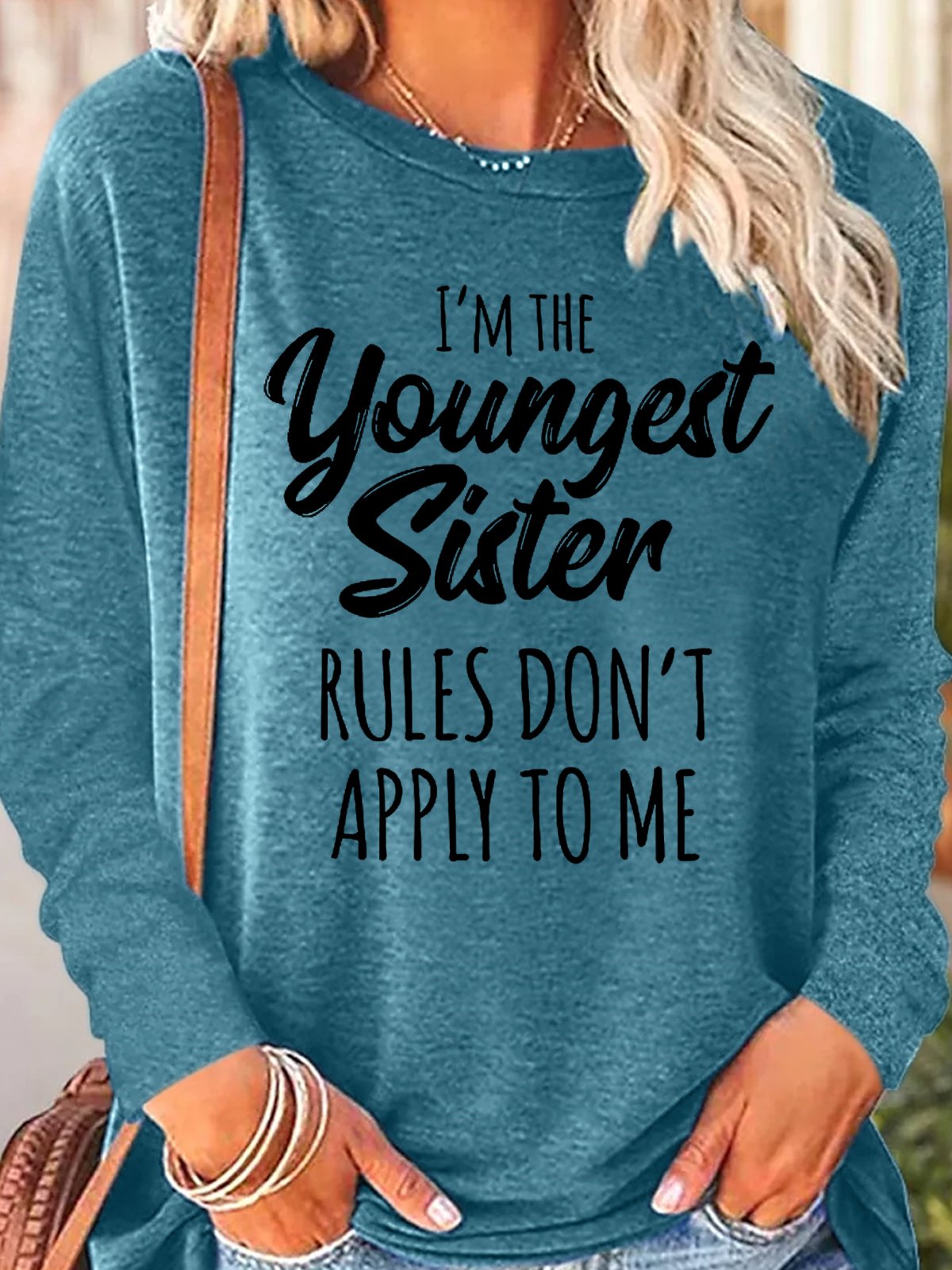 Rundhals Langarm Textbriefe Regelmäßig Mikroelastizität Regelmäßige Passform Bluse für Damen