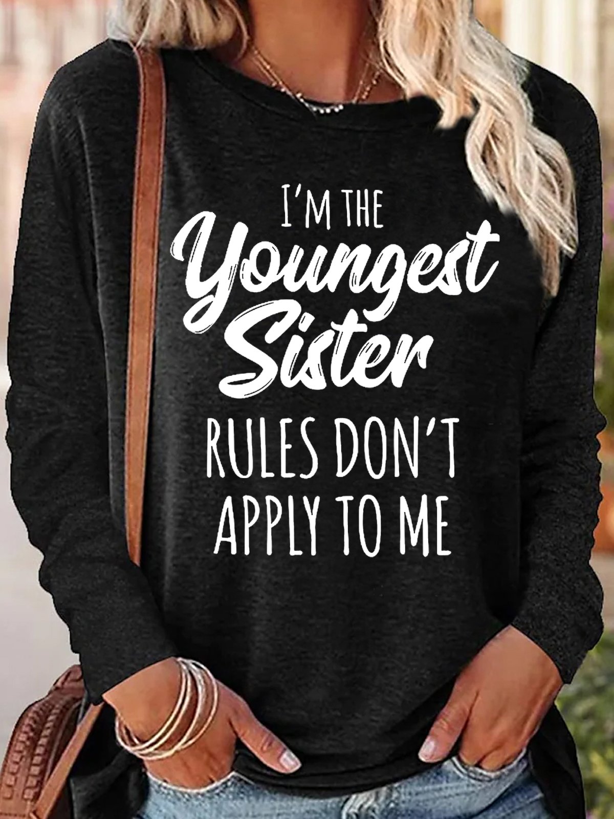 Rundhals Langarm Textbriefe Regelmäßig Mikroelastizität Regelmäßige Passform Bluse für Damen