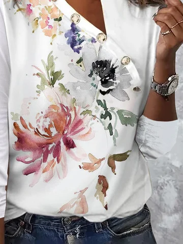 Blumenmuster Shirt asymmetrischer Kragen Noracora
