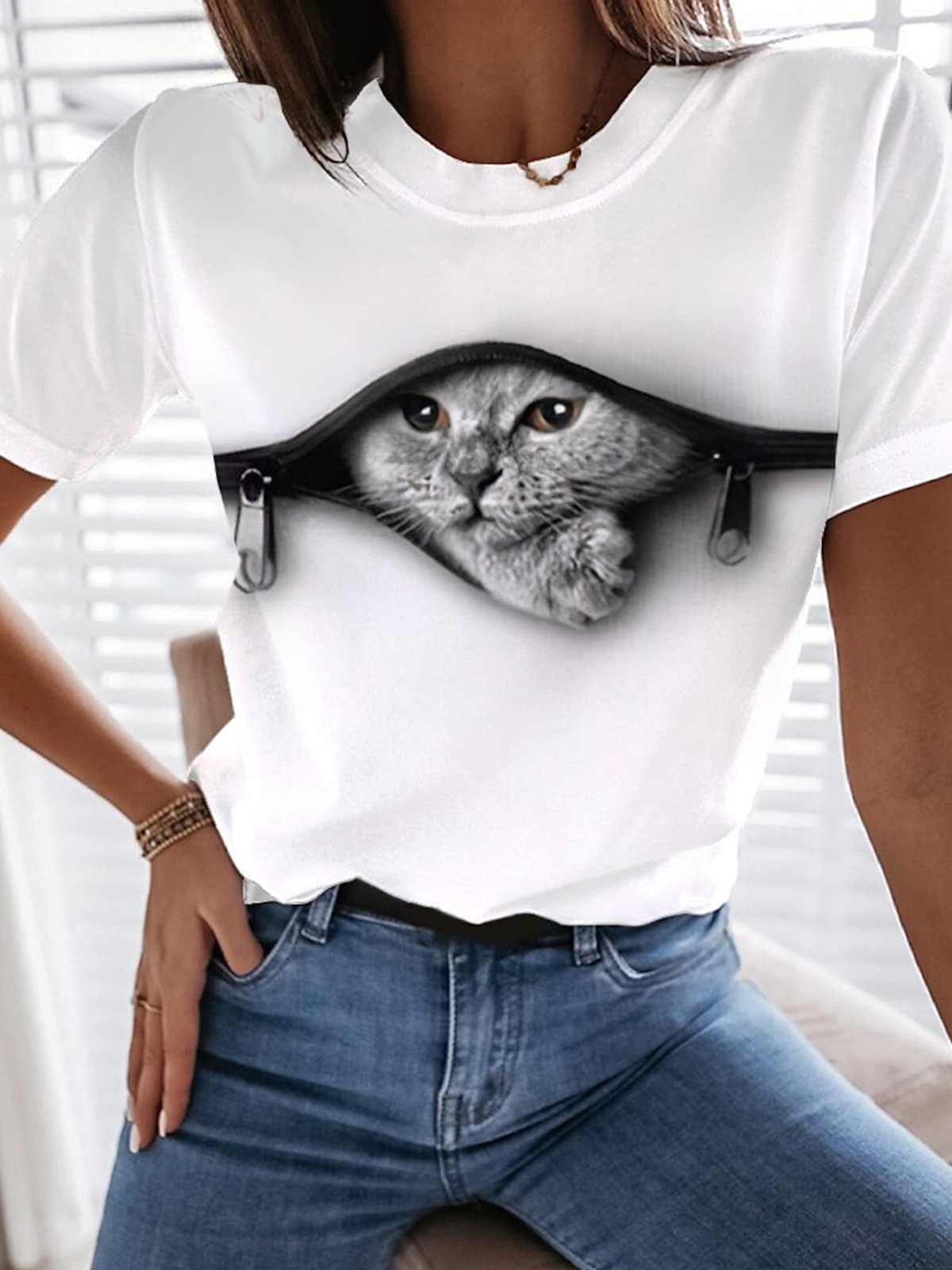 Katze Print T-Shirt Rundhals Jersey Lässig Style Noracora