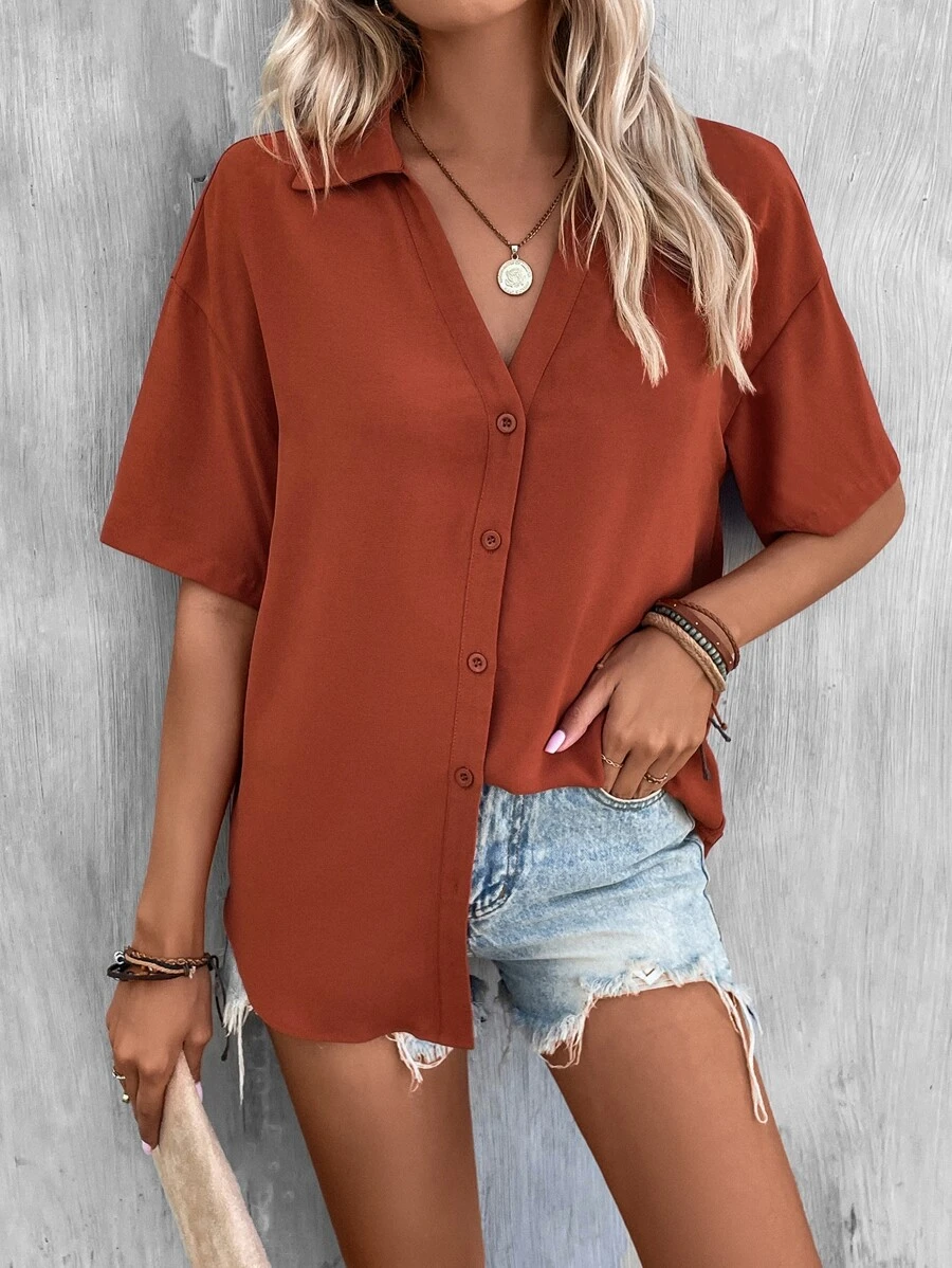Lässig Weit Hemdkragen Unifarben Bluse