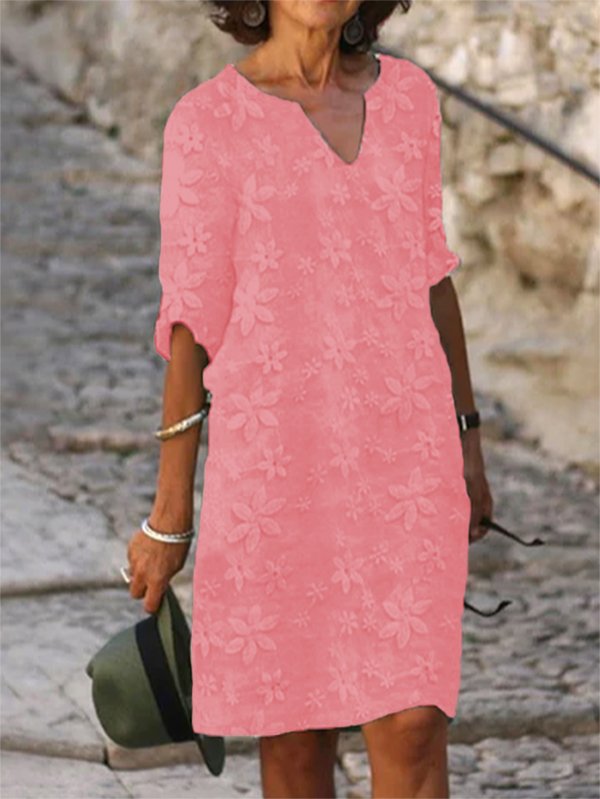 Unifarben Kurzärmeliges Leinenkleid mit V-Ausschnitt und Blume-Muster Noracora