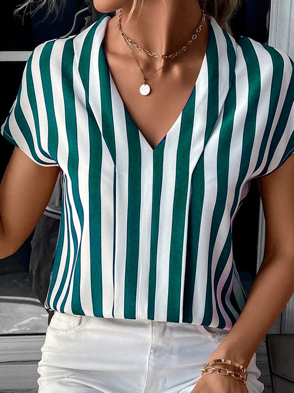 Streifen Print Bluse mit V-Ausschnitt Elegant Büro Style für Damen 2023 Noracora