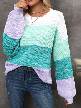 Damen Farbblock Langarm Bequem Lässig Pullover