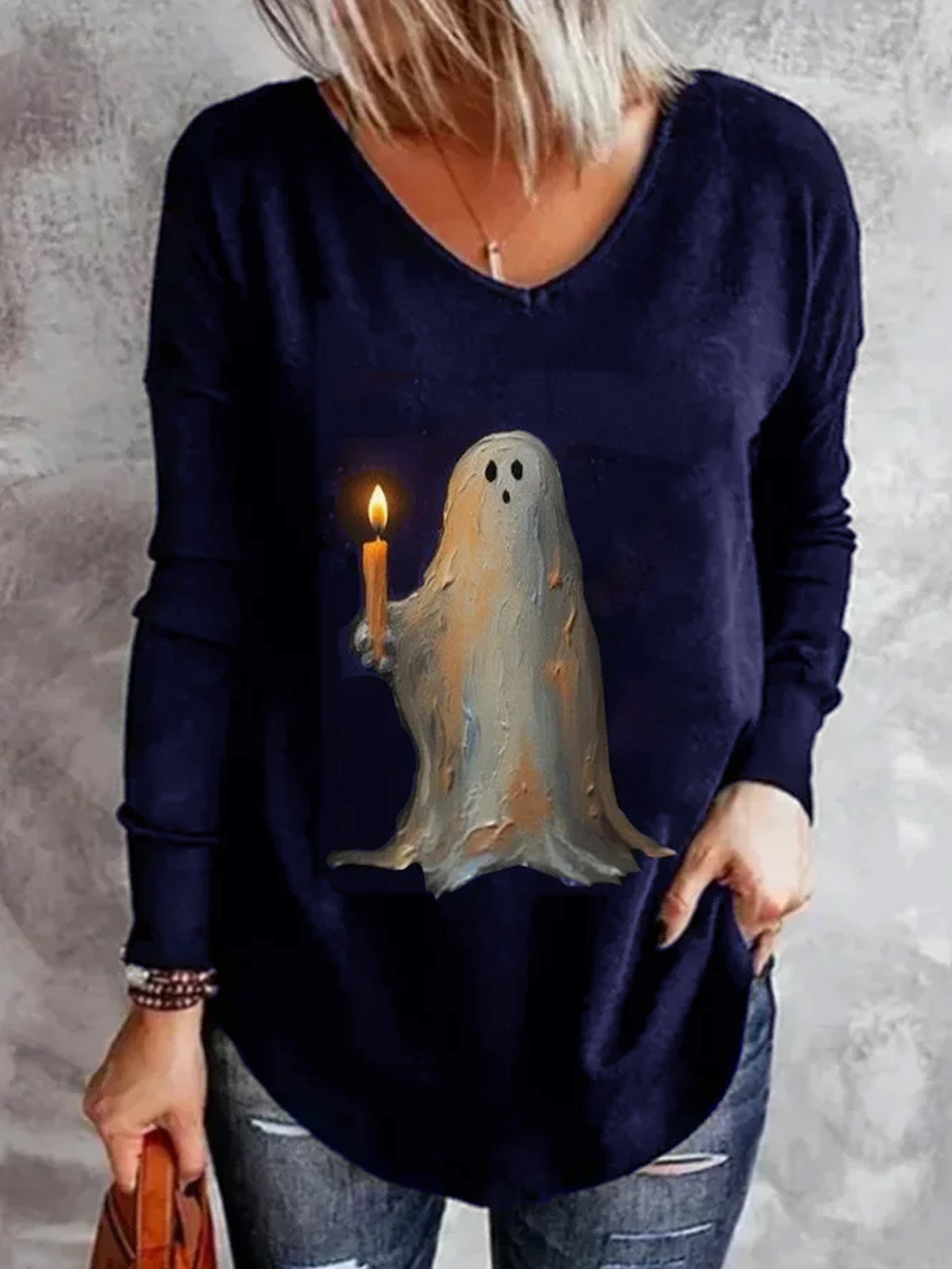 Lässig Halloween V-Ausschnitt Langarm T-Shirt
