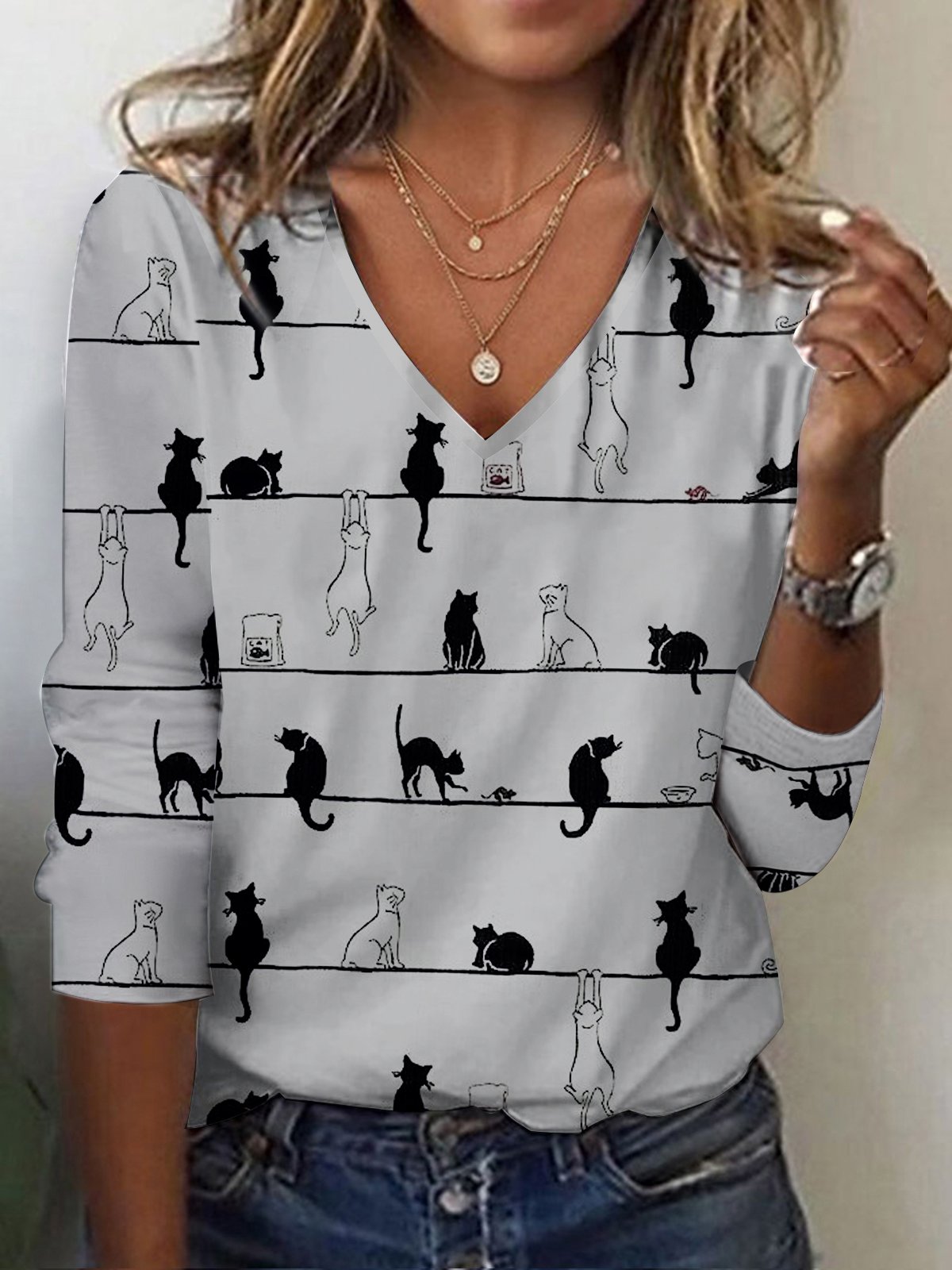 Lässig Katze V-Ausschnitt Langarm T-Shirt