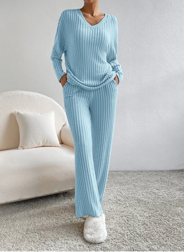 Damen Unifarben V-Ausschnitt Langarm Bequem Lässig Bluse mit Hose Zweiteiliges Set