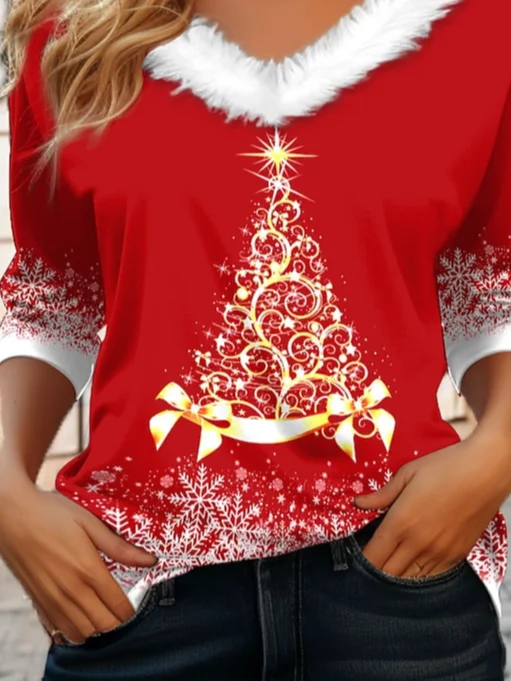 Lässig Weihnachten V-Ausschnitt Langarm T-Shirt