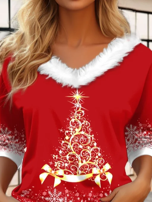 Lässig Weihnachten V-Ausschnitt Langarm T-Shirt