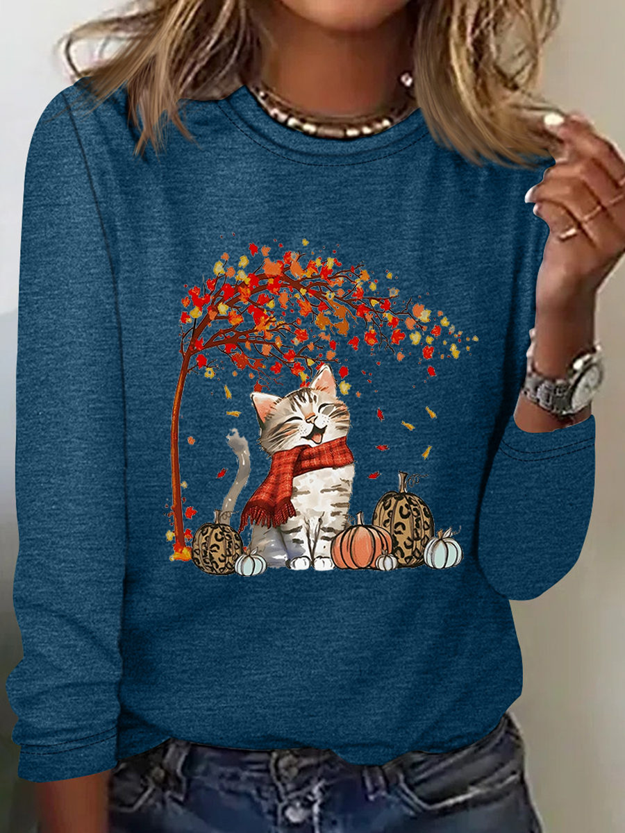Rundhals Langarm Katze Regelmäßig Mikroelastizität Regelmäßige Passform Bluse für Damen