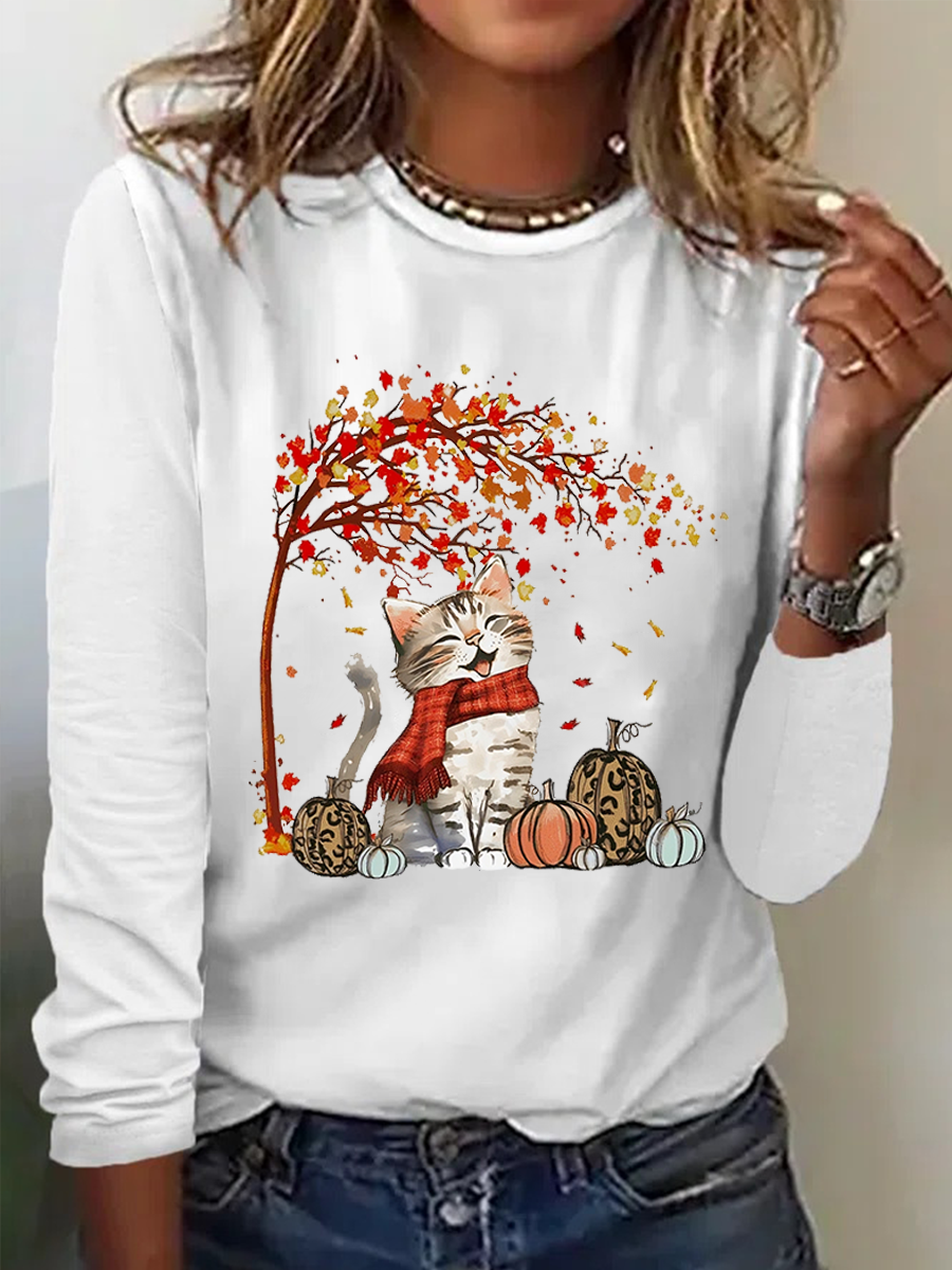 Rundhals Langarm Katze Regelmäßig Mikroelastizität Regelmäßige Passform Bluse für Damen