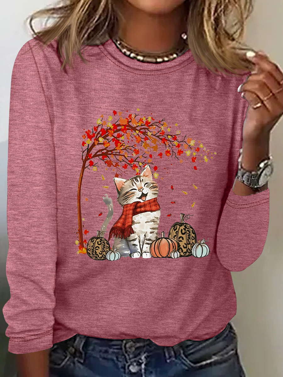 Rundhals Langarm Katze Regelmäßig Mikroelastizität Regelmäßige Passform Bluse für Damen