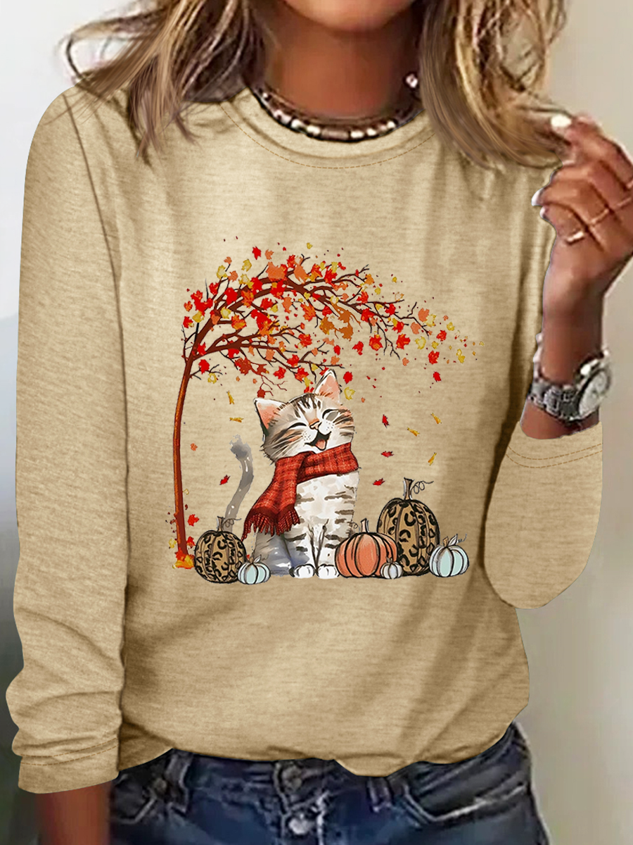 Rundhals Langarm Katze Regelmäßig Mikroelastizität Regelmäßige Passform Bluse für Damen