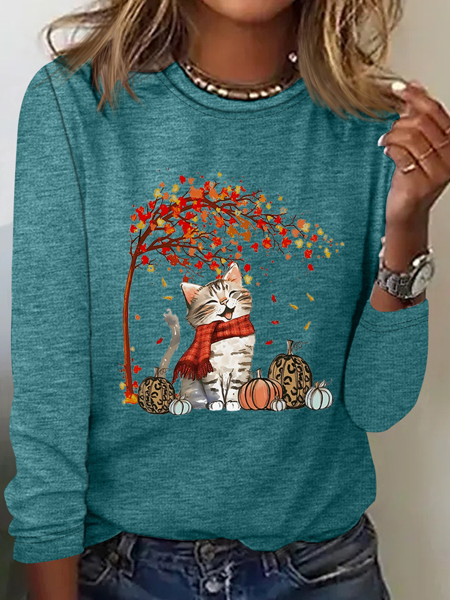 Rundhals Langarm Katze Regelmäßig Mikroelastizität Regelmäßige Passform Bluse für Damen