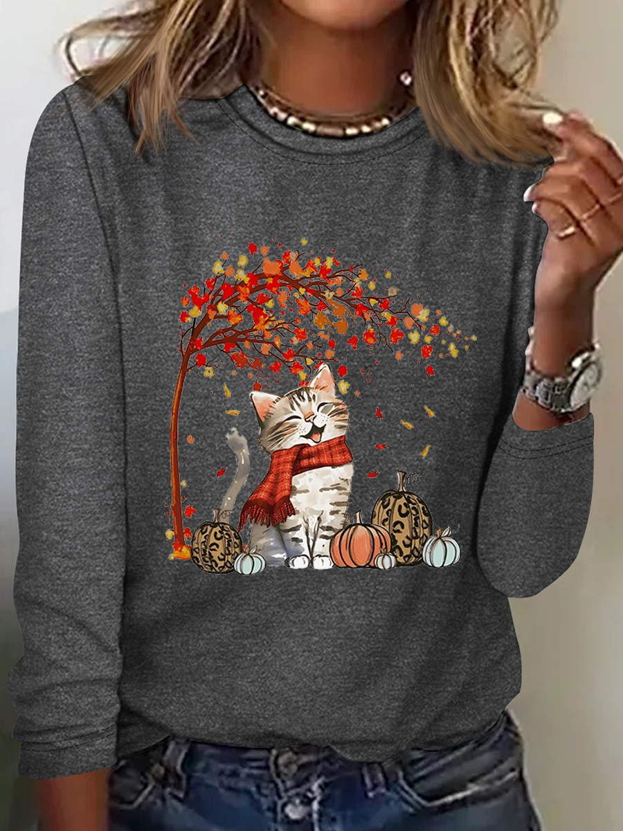 Rundhals Langarm Katze Regelmäßig Mikroelastizität Regelmäßige Passform Bluse für Damen