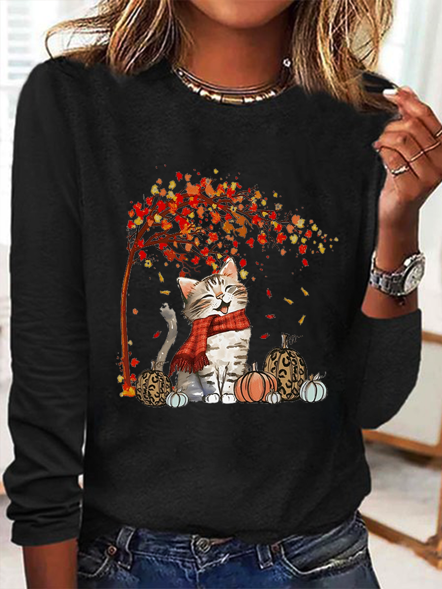 Rundhals Langarm Katze Regelmäßig Mikroelastizität Regelmäßige Passform Bluse für Damen
