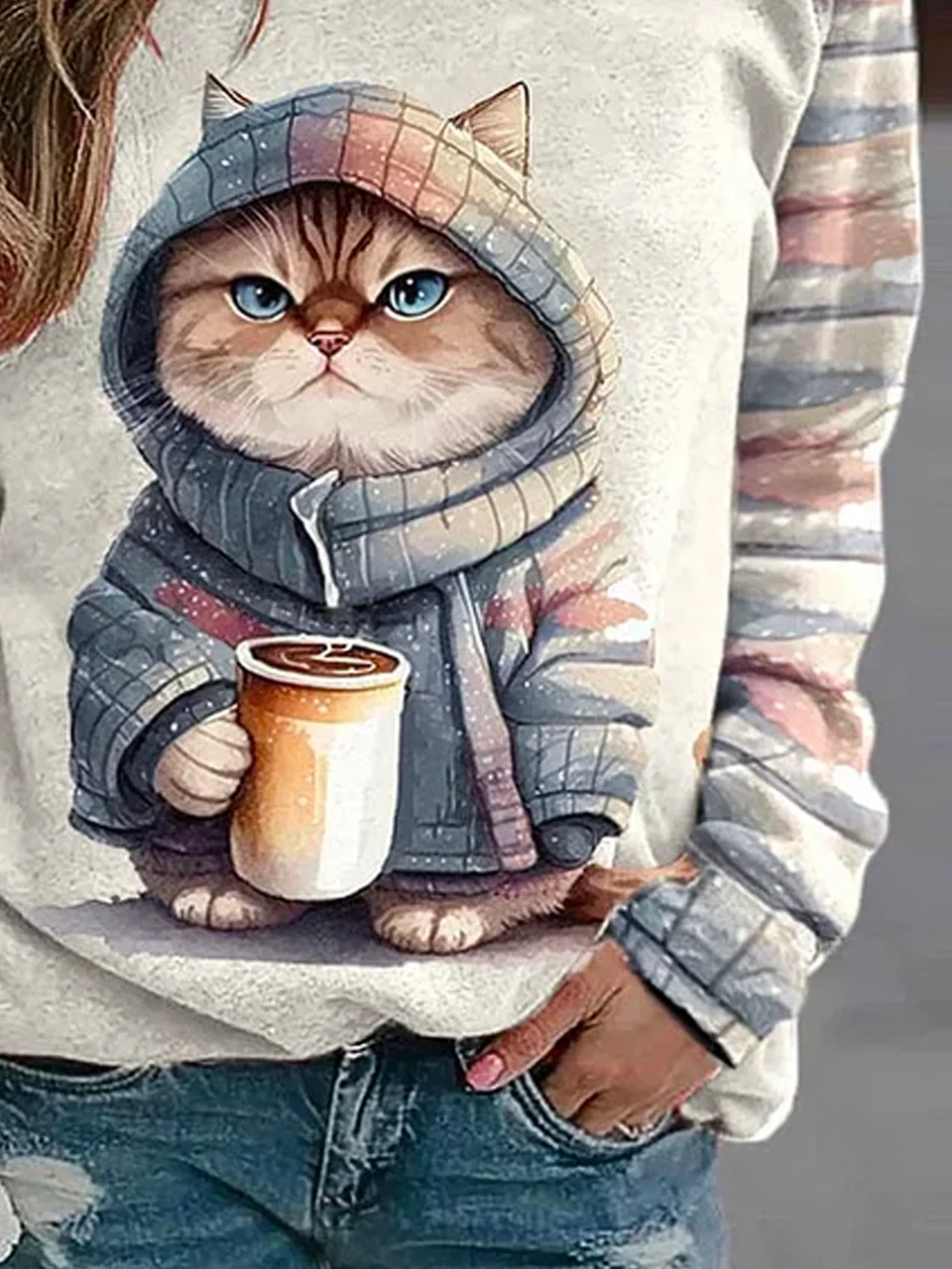 Lässig Rundhals Katze Sweatshirt