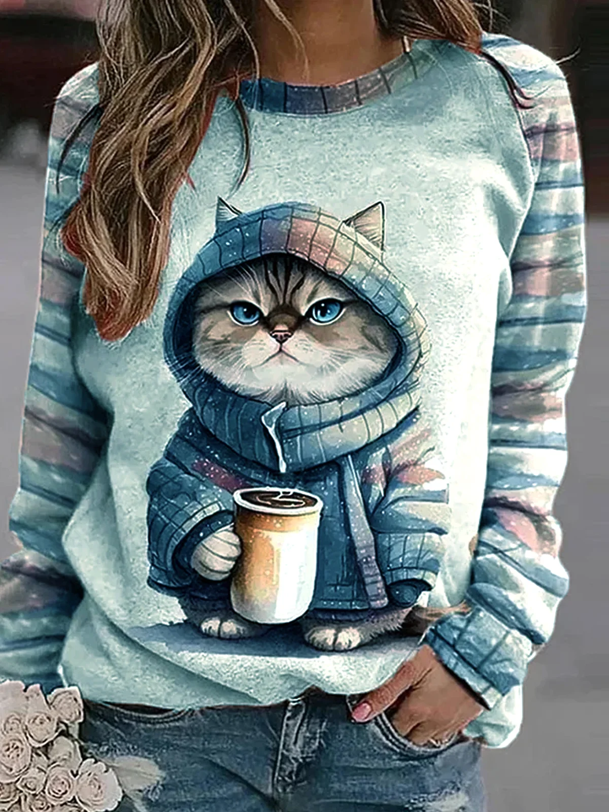 Lässig Rundhals Katze Sweatshirt