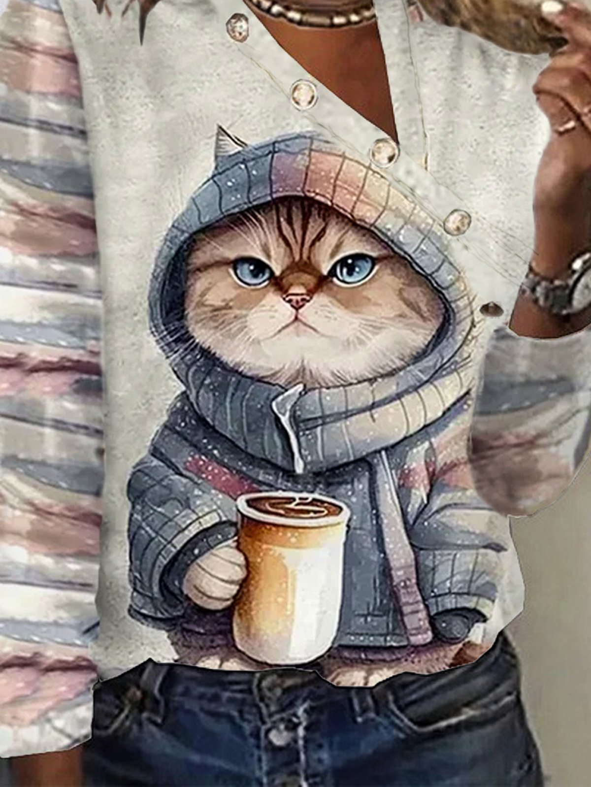 Lässig Katze Asymmetrisch Ausschnitt Langarm T-Shirt