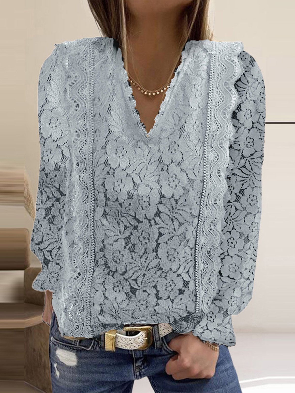 V-Ausschnitt Langarm Unifarben Regelmäßig Regelmäßige Passform Bluse für Damen