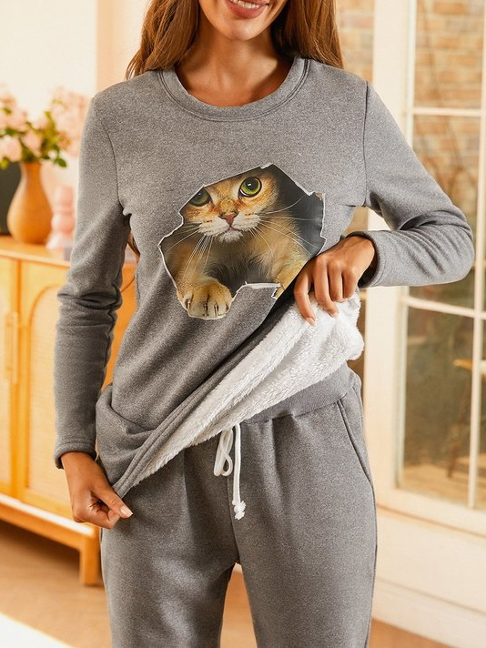 Rundhals Katze Lässig Wärme Sweatshirts