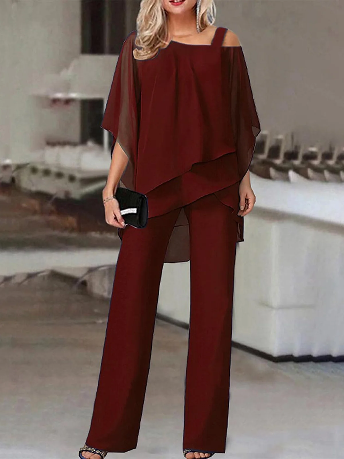 Damen Unifarben Carmen Halbarm Bequem Lässig Bluse mit Hose Zweiteiliges Set
