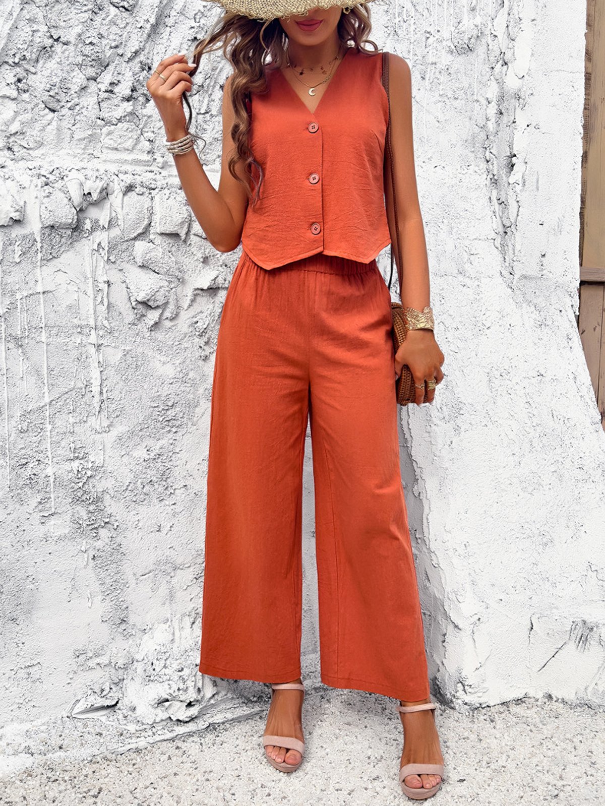 Damen Unifarben V-Ausschnitt Ärmellos Bequem Lässig Bluse mit Hose Zweiteiliges Set