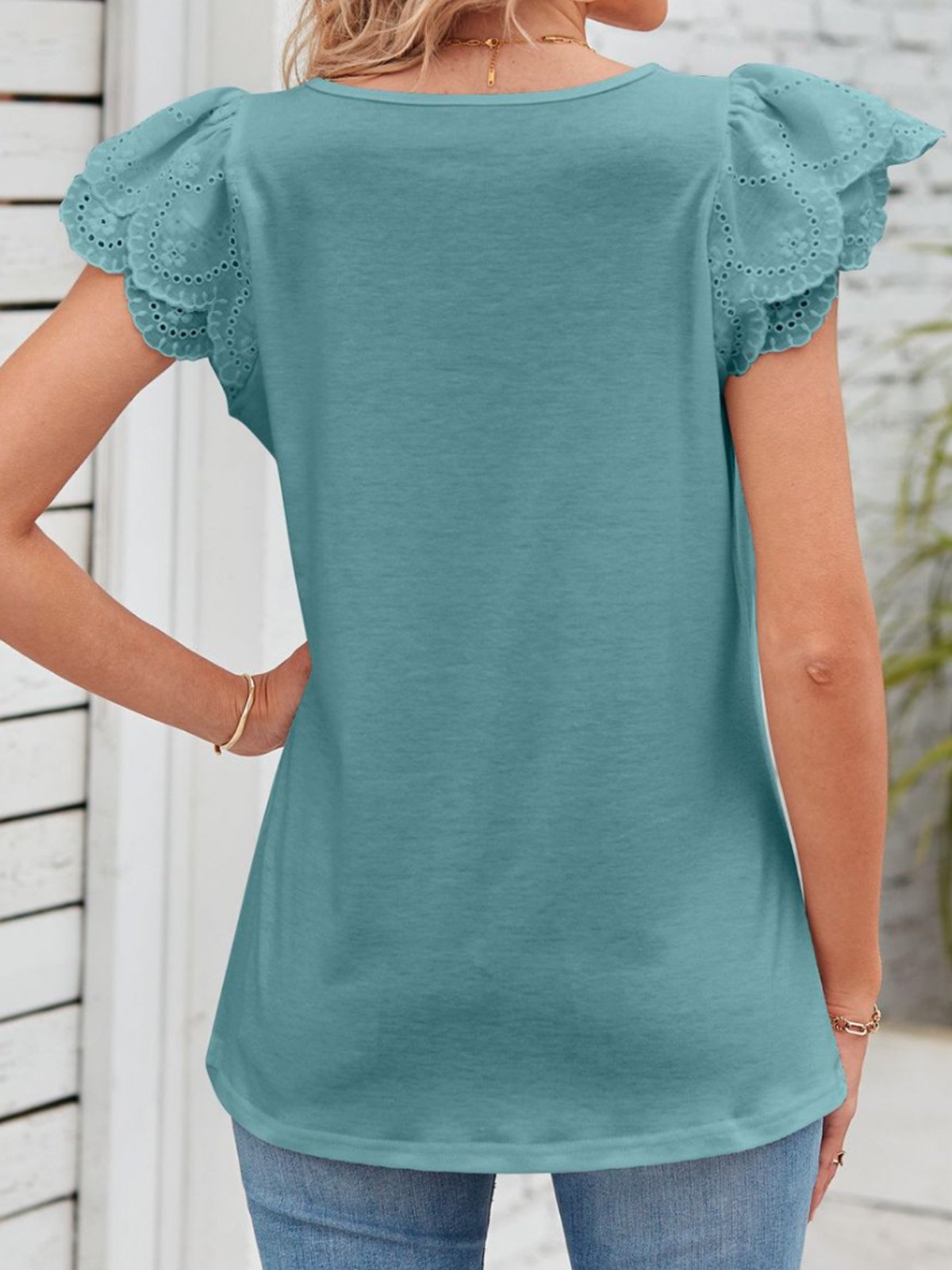 Lässig Unifarben Karree-Ausschnitt Kurzarm T-Shirt