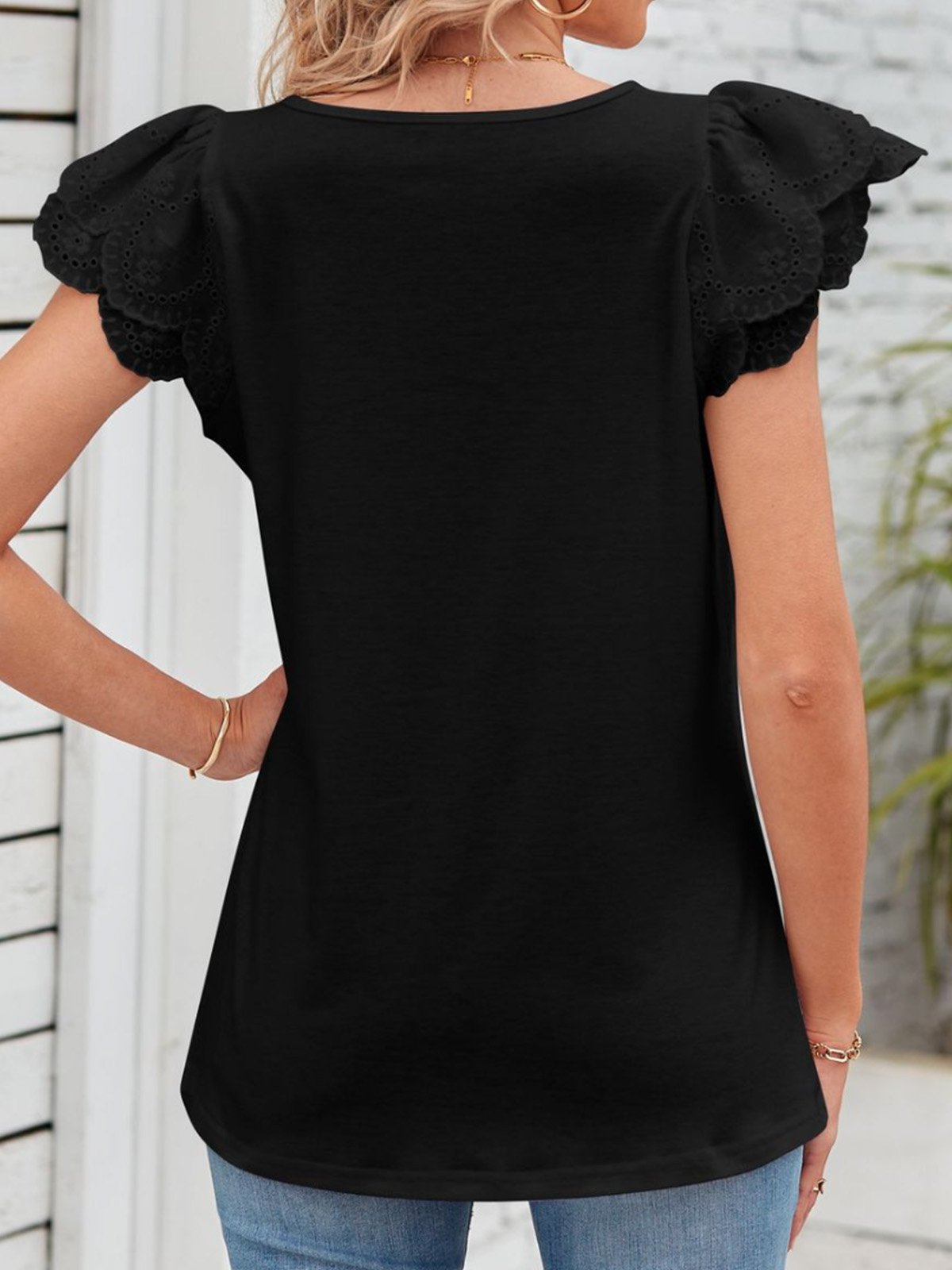 Lässig Unifarben Karree-Ausschnitt Kurzarm T-Shirt