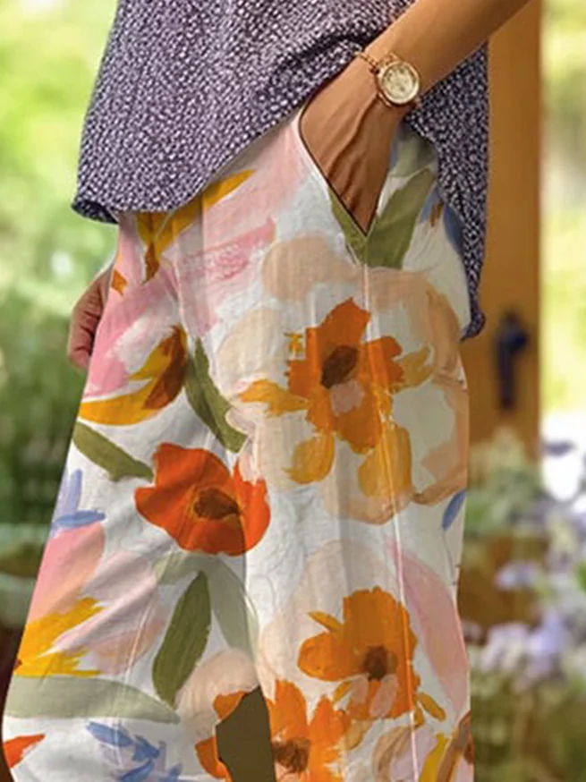 Lässig Geblümt Knöchelhose Elastische Taille Taschennähen Hose