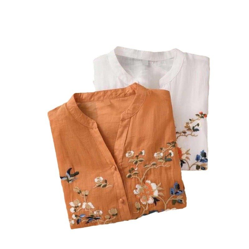 V-Ausschnitt Halbarm Geblümt Stickerei Regelmäßig Weit Bluse für Damen