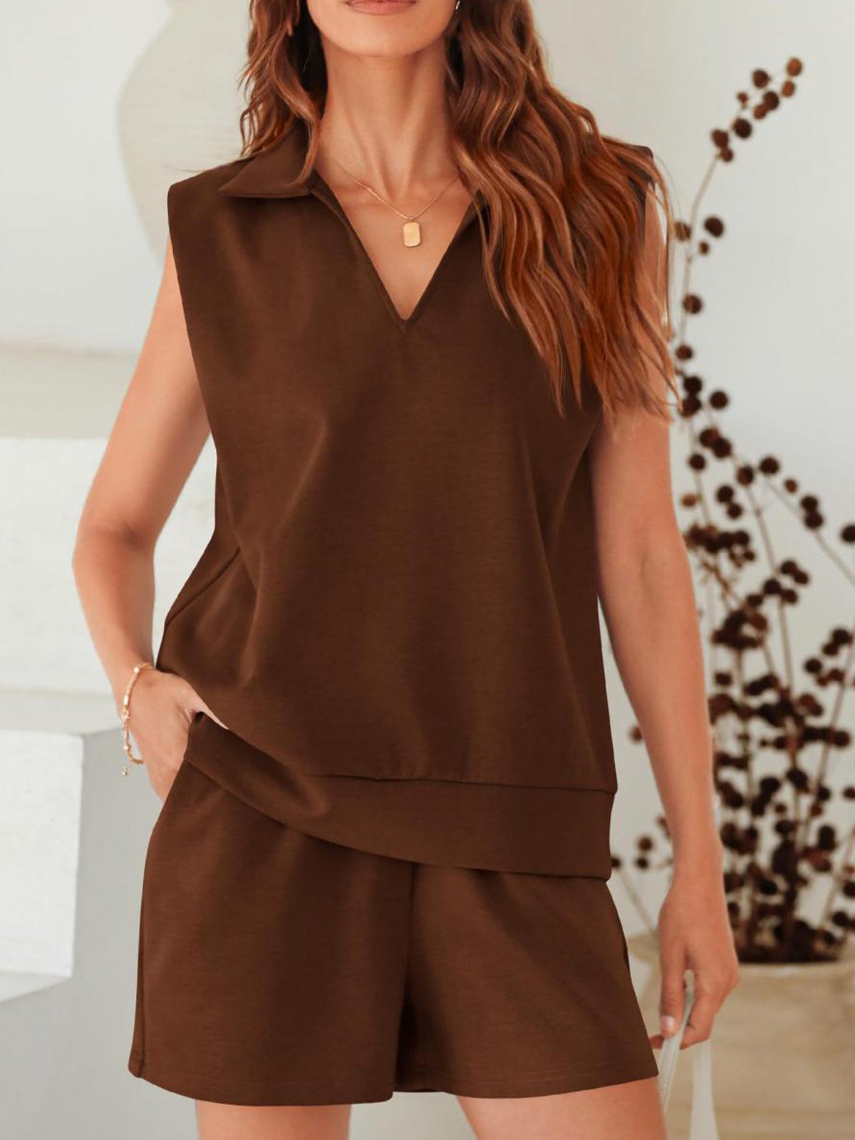 Damen Unifarben V-Ausschnitt Kurzarm Bequem Lässig Bluse mit Hose Zweiteiliges Set